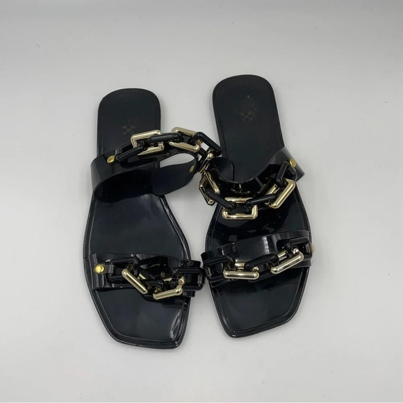 Vince Camuto black and gold chain strap open toe flat sandals - Picture 2 of 7